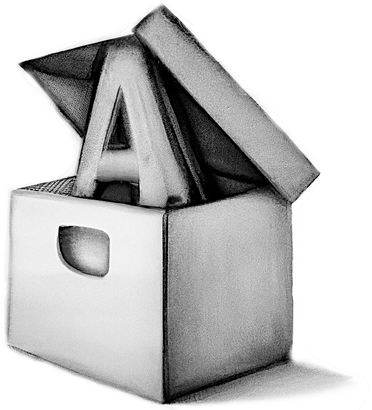 Black and white pencil drawing, the letter A popping out of a box
